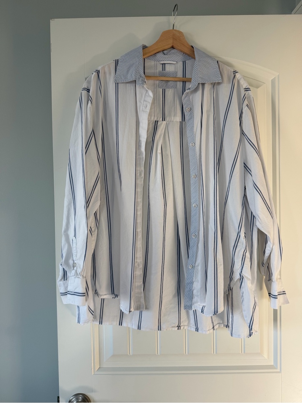 aerie Oversized White Button-Down Shirt with Blue Stripes